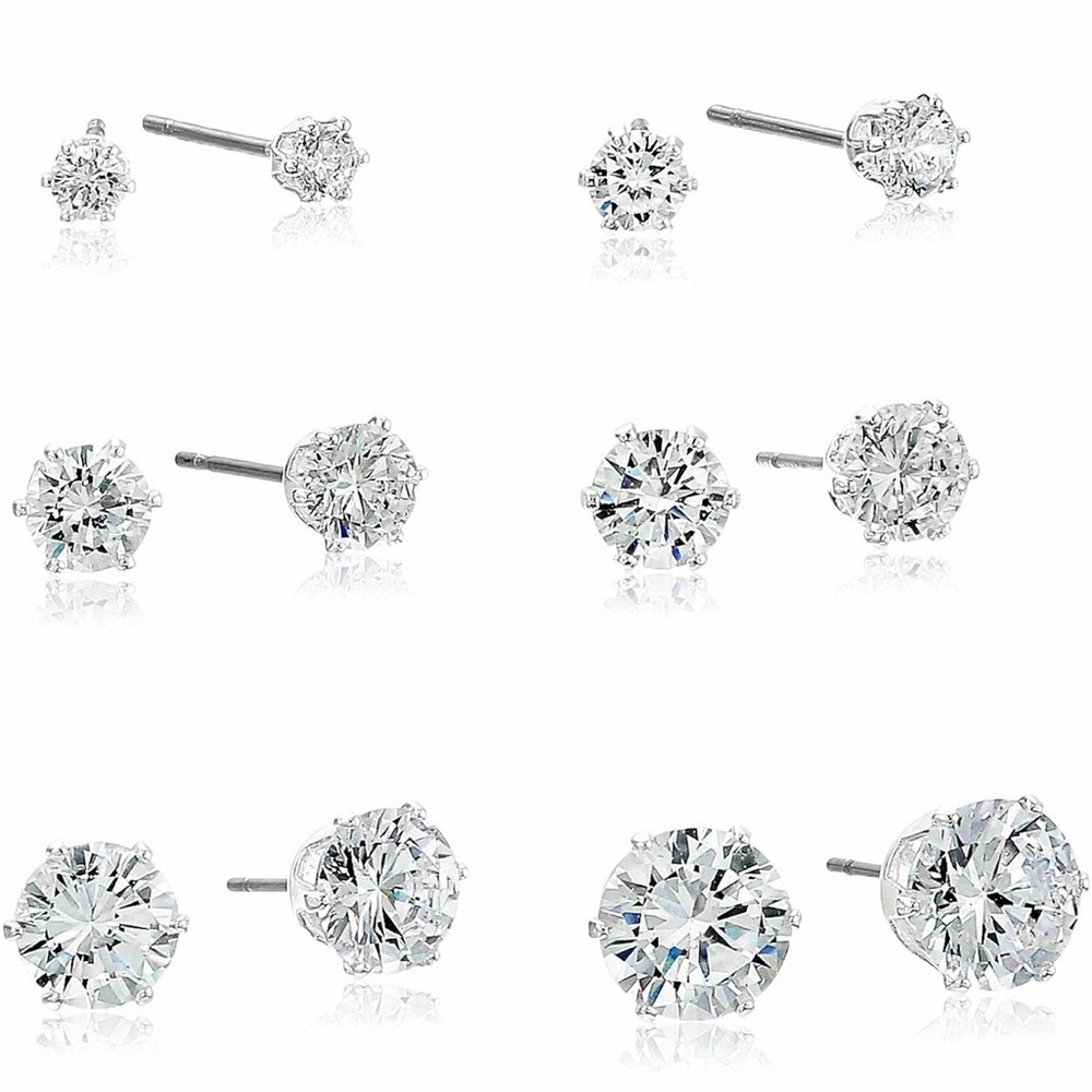 NWOT 6-Pair Silver Plated Crystal Stud Earrings Set • Sparkling Everyday Jewelry